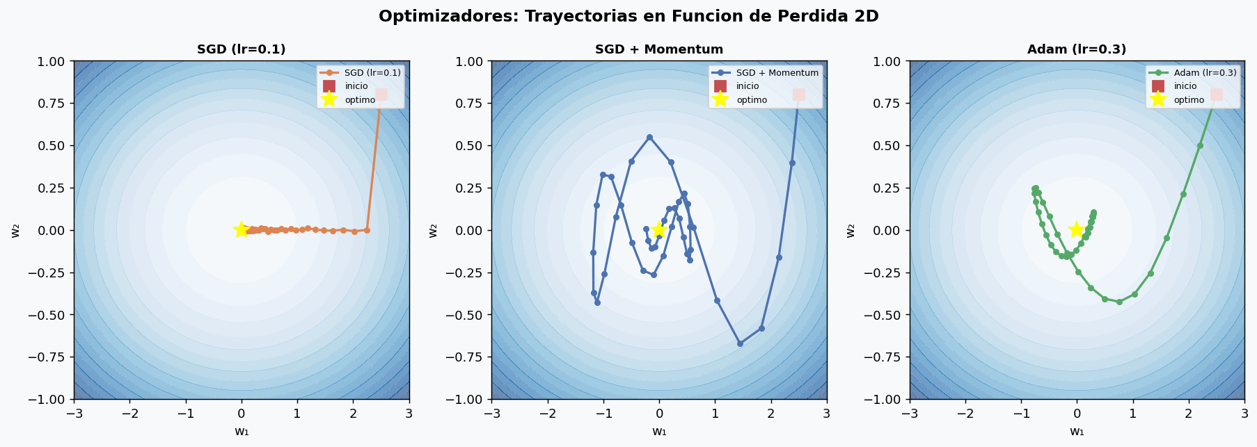 Trayectorias de optimizadores en superficie de perdida 2D