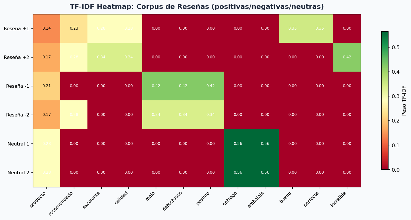 TF-IDF Heatmap mostrando pesos por documento y término